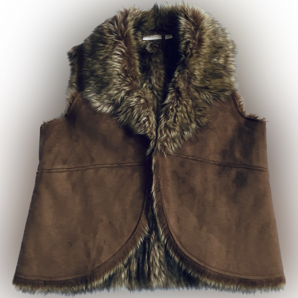 Chicos Brown Faux Suede & Fur Hook Eye Vest XL Great Condition!